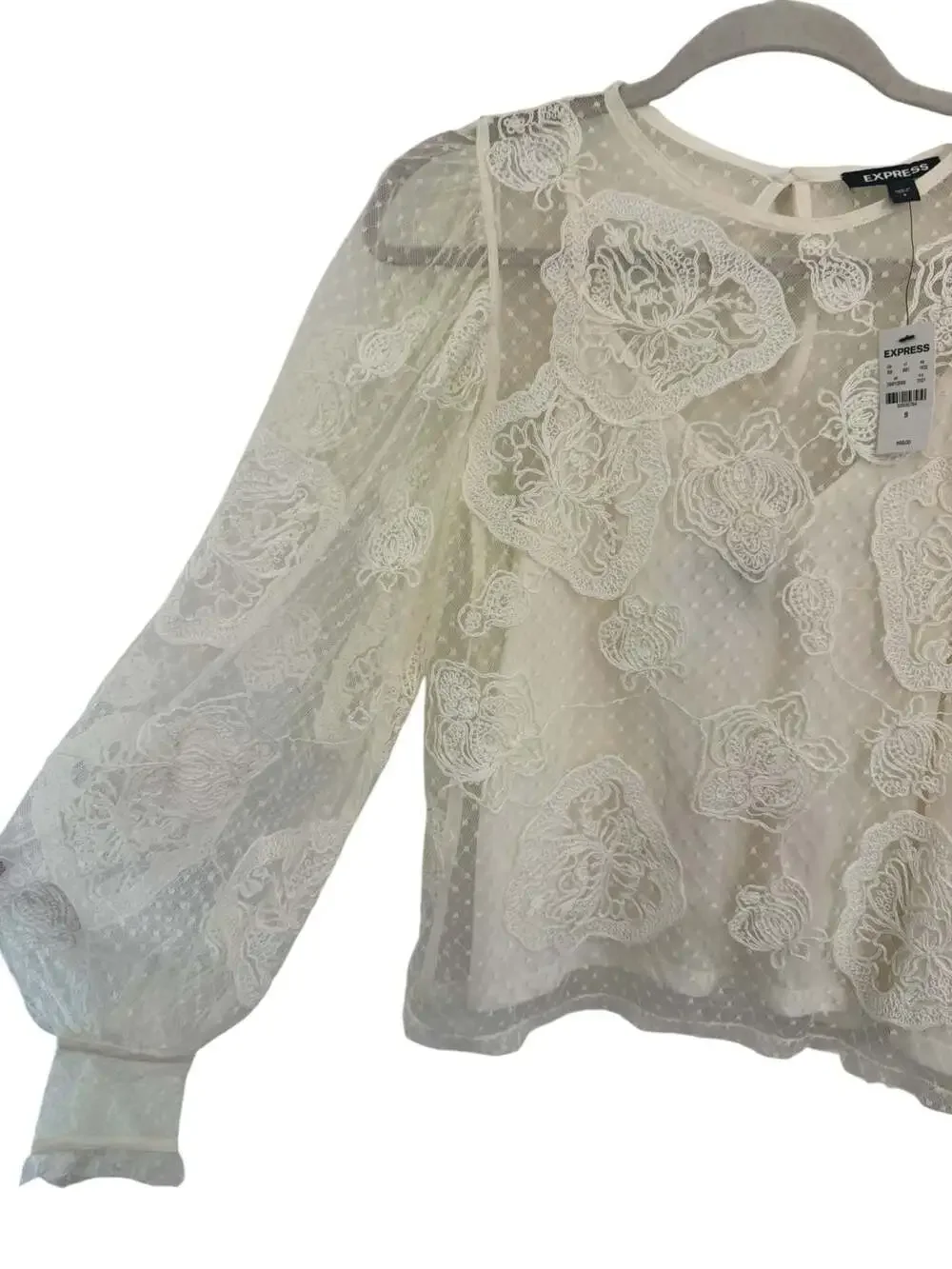 NWT Express Embroidered Floral Lace with Swiss Dot Sleeves and Cami Insert - Picture 6 of 9